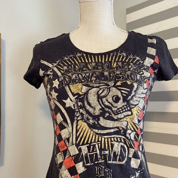 Harley-Davidson Black Skull HD 03 Women's Short Sleeve T-Shirt Size XS - Picture 2 of 7